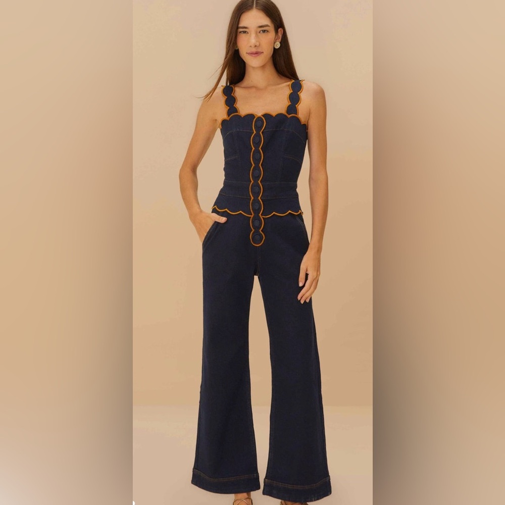 NWT Farm Rio Dark Denim Wavy Trim Jumpsuit
